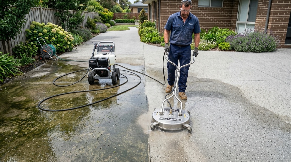 High pressure concrete cleaning in progress on a residential outdoor surface in Warrnambool